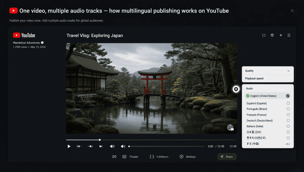 AI Dubbing Software: The Complete 2026 Buyer's Guide 7 Illustration of YouTube multi-language audio track selection menu