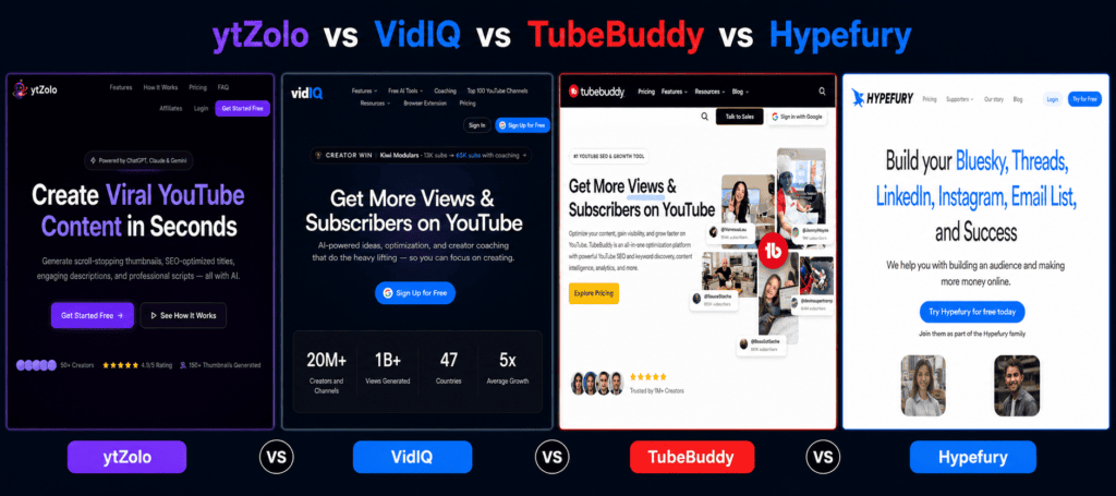 Current image: ytZolo vs TubeBuddy vs VidIQ vs Hypefury The 2026 Creator Tool Comparison