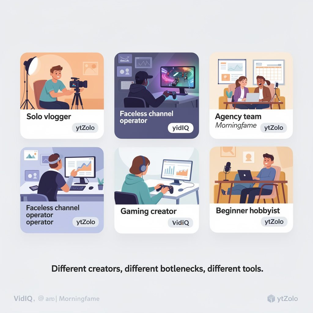 ytZolo vs VidIQ vs Morningfame: The Complete 2026 Comparison 8 Creator persona cards mapped to ytZolo, VidIQ, and Morningfame