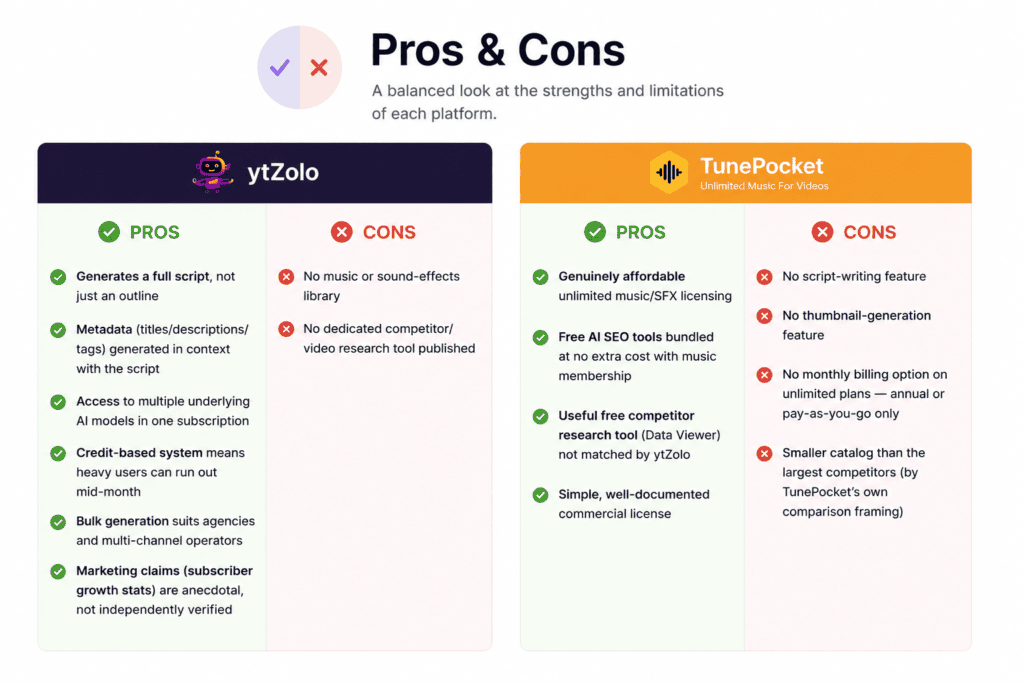 ytZolo vs TunePocket: Which One Actually Belongs in Your YouTube Workflow? 5 ytzolo vs Tunepocket Pros cons