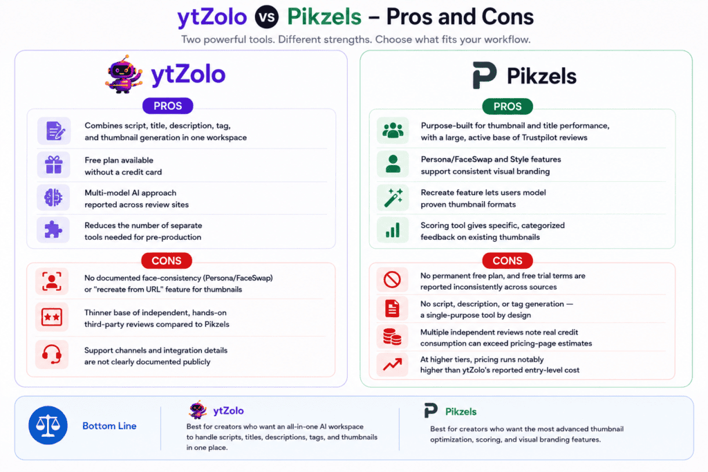 ytZolo vs Pikzels: Which AI Thumbnail Tool Is Better for YouTube Creators in 2026? 6 ytzolo vs pikzels Pros cons