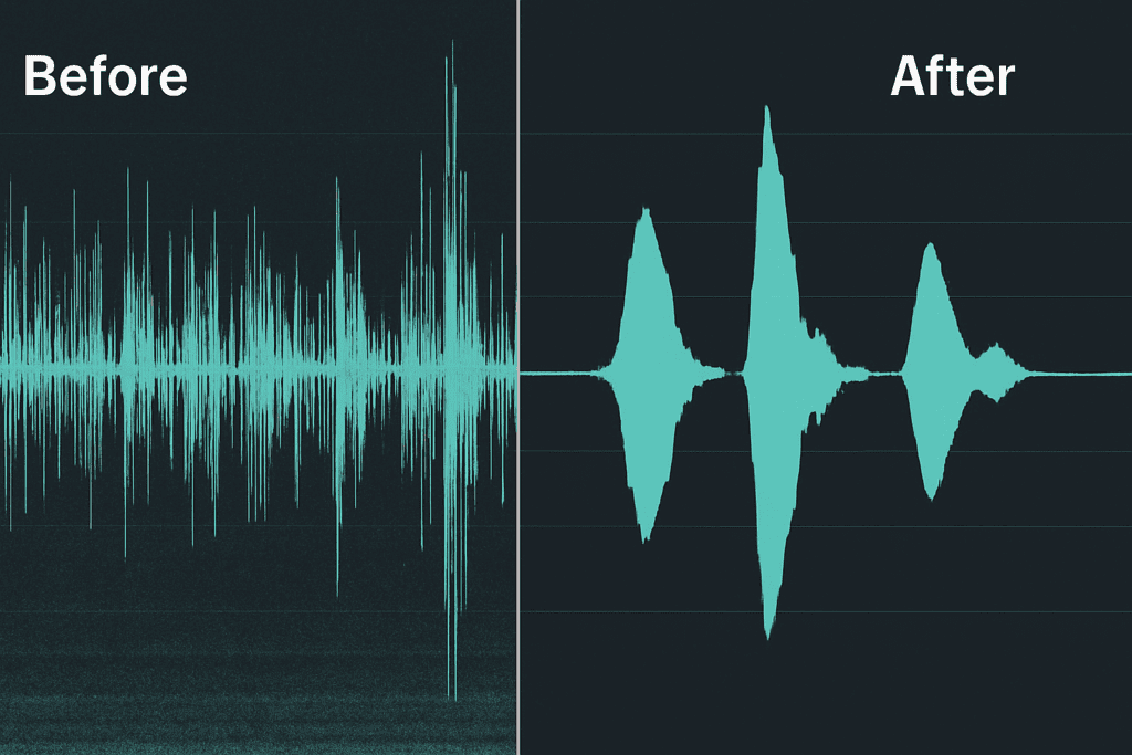 Before and after waveform comparison showing noise removal ahead of forced alignment.