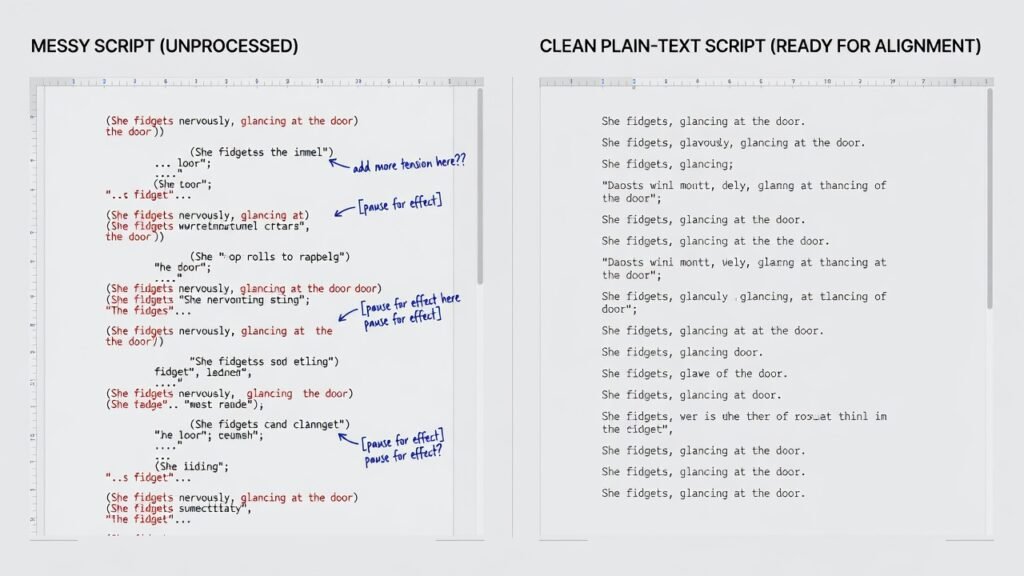 Comparison of a messy script versus a clean plain-text script prepared for forced alignment.