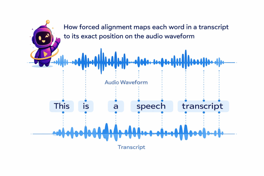 Forced Alignment Explained: The Complete Guide to Syncing Text and Audio 2 Diagram showing forced alignment connecting transcript words to timestamps on an audio waveform.