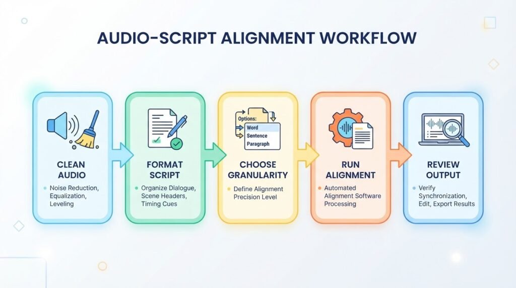 Flowchart showing the audio prep, scripting, and alignment workflow steps.