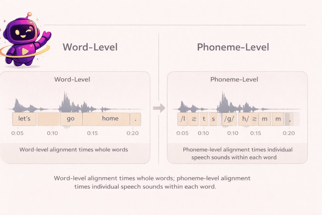 Forced Alignment Explained: The Complete Guide to Syncing Text and Audio 3 Side-by-side comparison of word-level and phoneme-level forced alignment on an audio waveform.