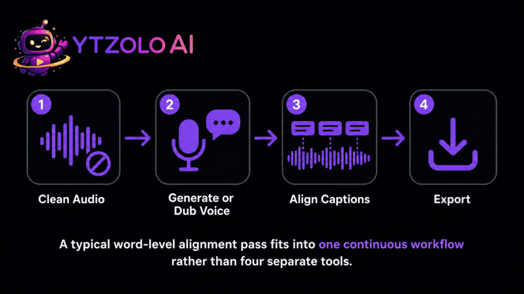 Phoneme-Level vs. Word-Level Alignment: Which Do You Actually Need? 4 Workflow diagram showing audio cleanup, voice generation, caption alignment, and export as one pipeline.