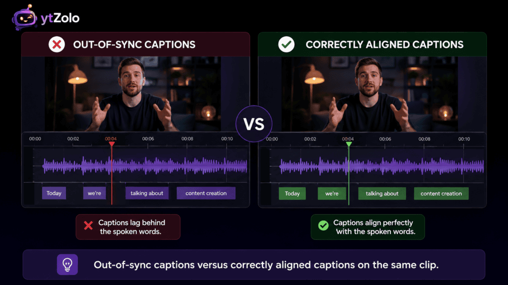 Why Are My Captions Out of Sync? Fixing Common Alignment Errors 1 captions out of sync fix comparison showing misaligned versus aligned subtitle timing