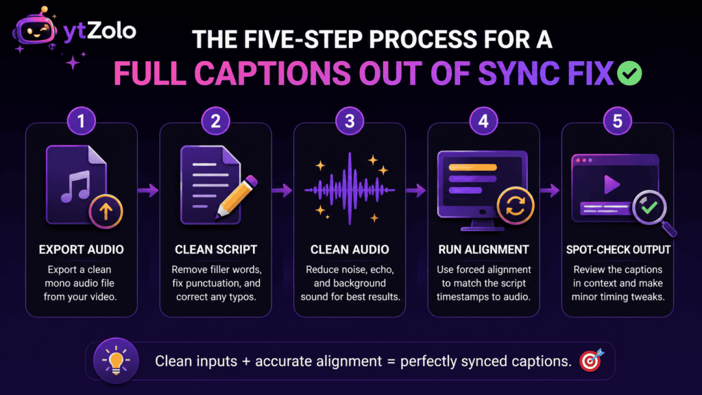 Why Are My Captions Out of Sync? Fixing Common Alignment Errors 3 five step workflow diagram for fixing out of sync captions with forced alignment