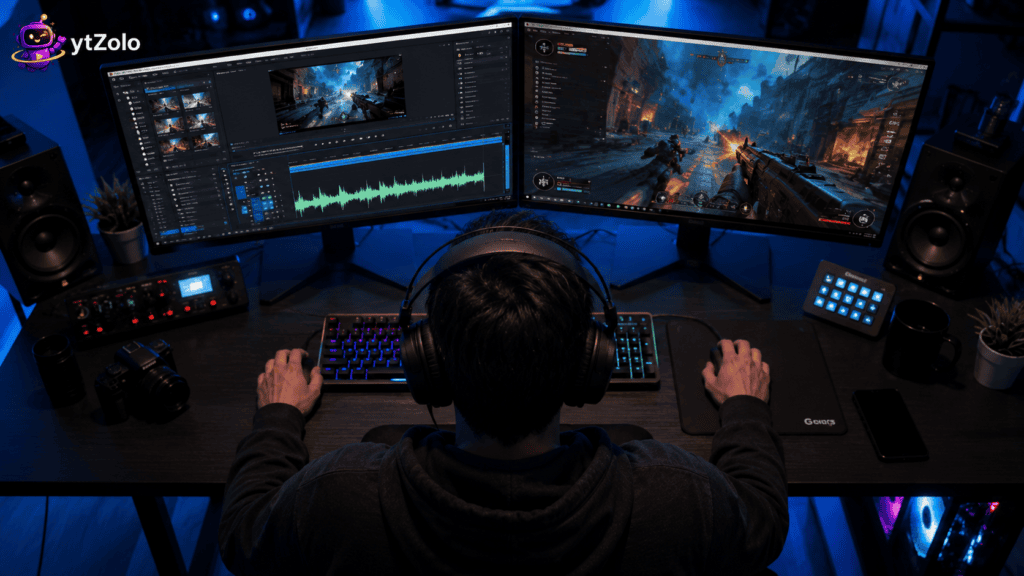 AI Sound Effects for Gaming YouTube Channels: Prompts & Workflow 2 gaming YouTuber editing video with AI sound effect waveform on timeline.