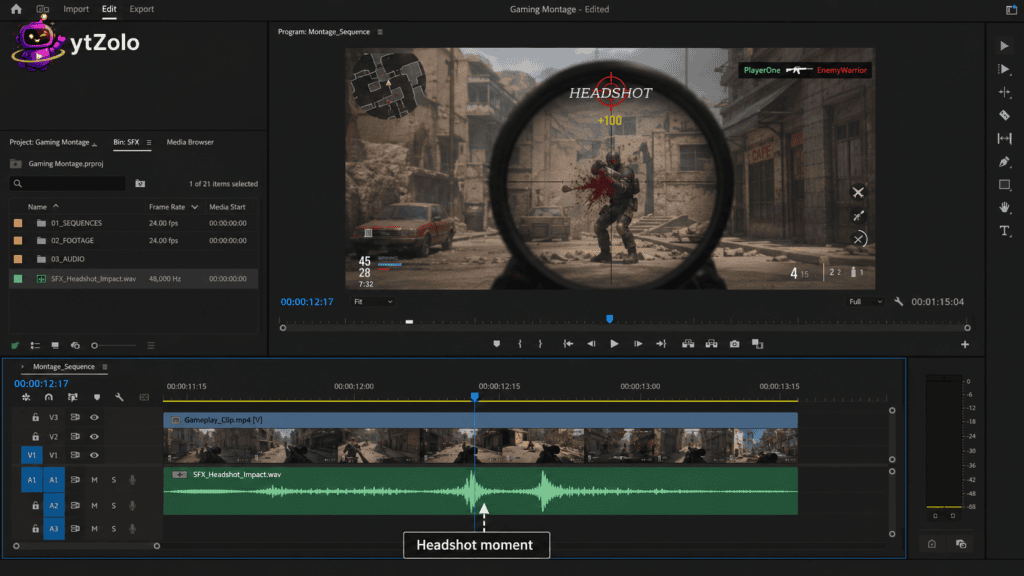 AI Sound Effects for Gaming YouTube Channels: Prompts & Workflow 4 sound effect synced to a gameplay kill moment in editing timeline