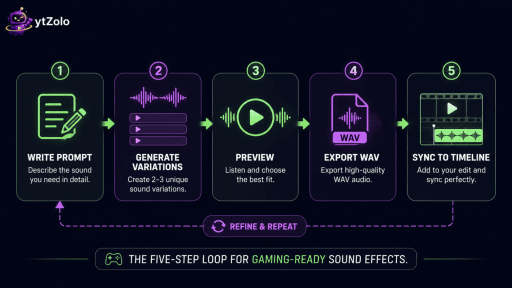 AI Sound Effects for Gaming YouTube Channels: Prompts & Workflow 3 workflow diagram showing steps to generate AI sound effects for a gaming channel
