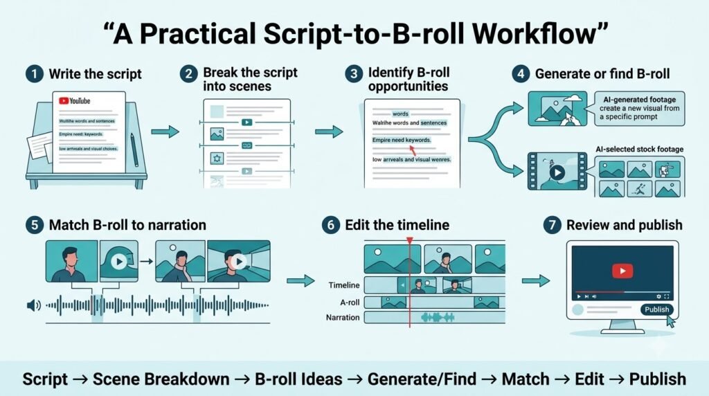 AI B-Roll Footage generator YouTube Videos: Generated vs Stock Workflows 14 A practical script-to-B-roll workflow