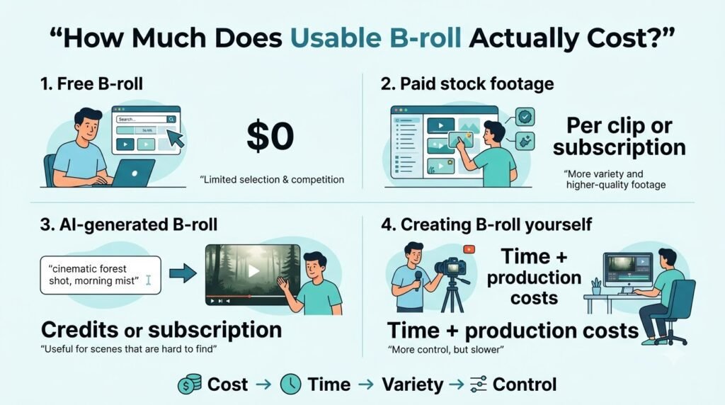 AI B-Roll Footage generator YouTube Videos: Generated vs Stock Workflows 11 How much does usable B-roll actually cost