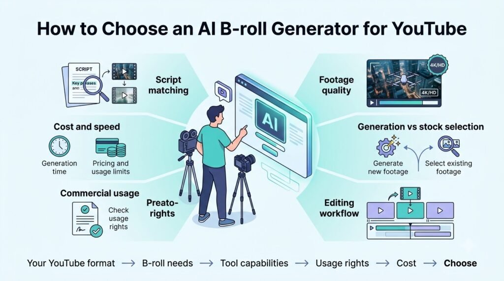 AI B-Roll Footage generator YouTube Videos: Generated vs Stock Workflows 12 How to choose an AI B-roll generator for YouTube