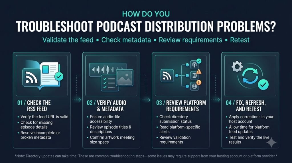 How do you troubleshoot podcast distribution problems