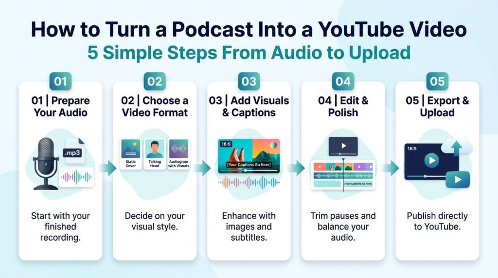 How do you turn a podcast into a YouTube video step by step