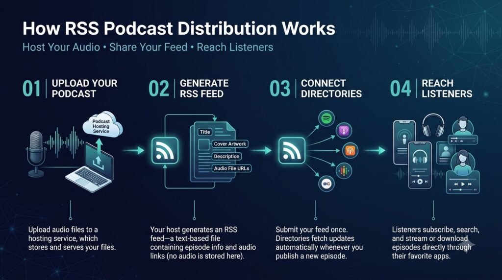 How does RSS podcast distribution work