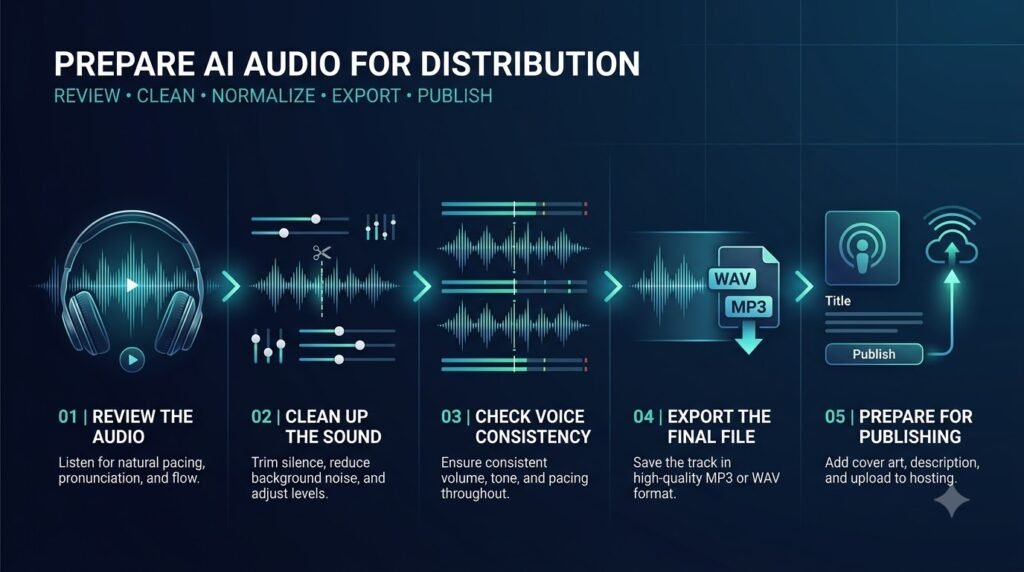 How should you prepare AI-generated audio before distribution